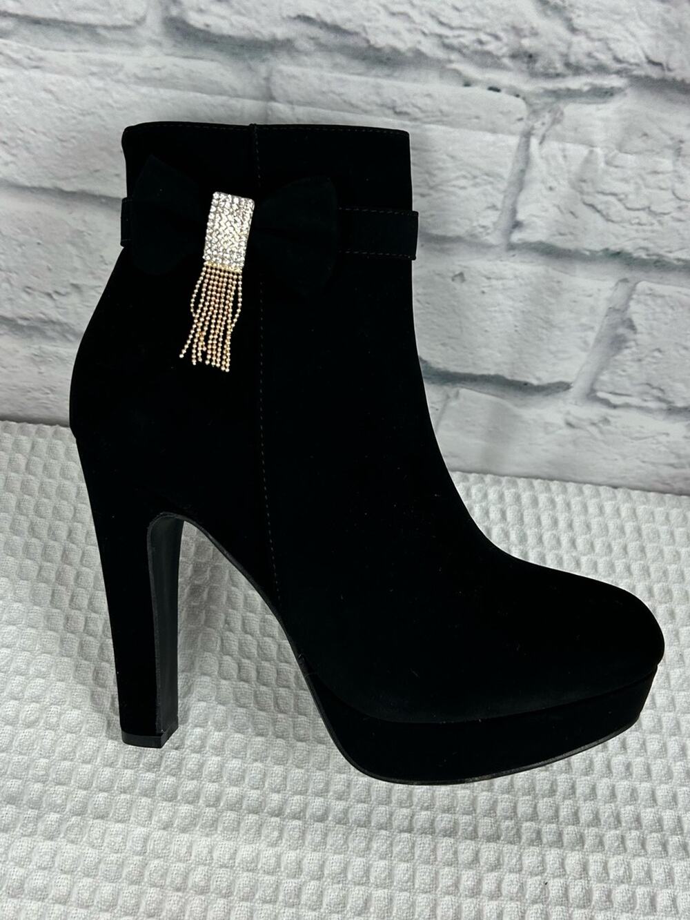 Forever Black Bow Rhinestone Tassel Platform Ankle Boots Size 7